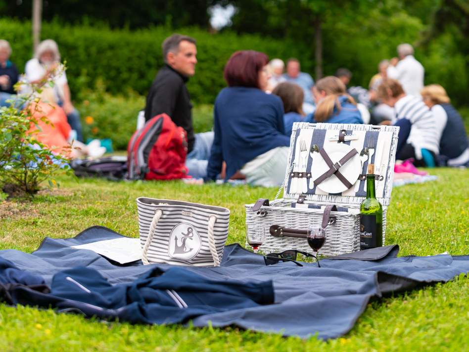 Picknickkorb mit Zuschauer beim Konzert im Park